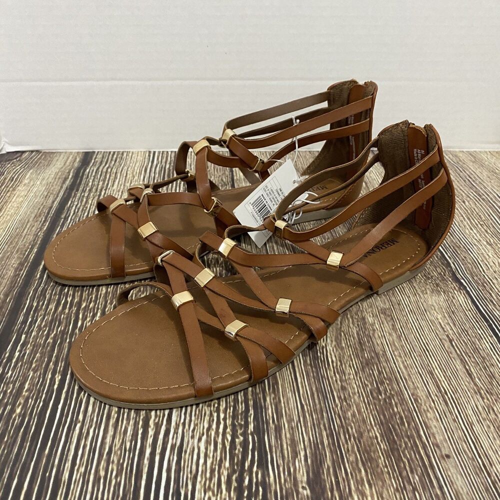 Merona Womens Strappy Gladiator Sandals Size 8.5 Brown Faux Leather Heel Zip New